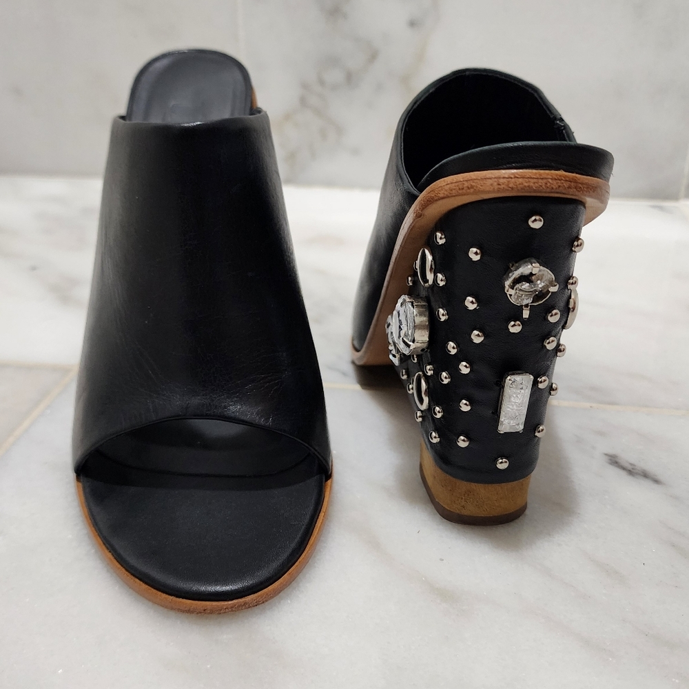 Tibi Britt Mules Black Leather Jeweled Studded Wedge 38 Open Toe - Picture 5 of 16